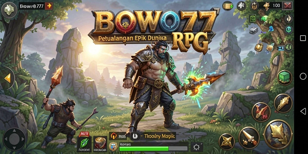 Tangkapan layar utama <strong>BOWO77</strong> menampilkan aksi pertempuran RPG yang menegangkan.