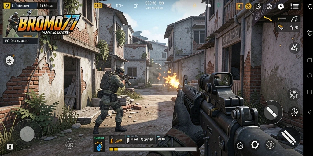 Gameplay mendebarkan dalam BROMO77 dengan aksi FPS yang intens.