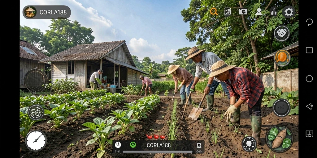 Screenshot gameplay CORLA188 menunjukkan keindahan dunia pertanian yang interaktif.