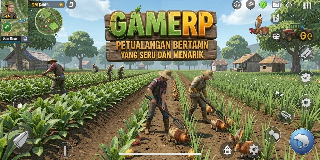 Screenshot GAMERP menampilkan aktivitas bertani yang menarik dan interaktif.