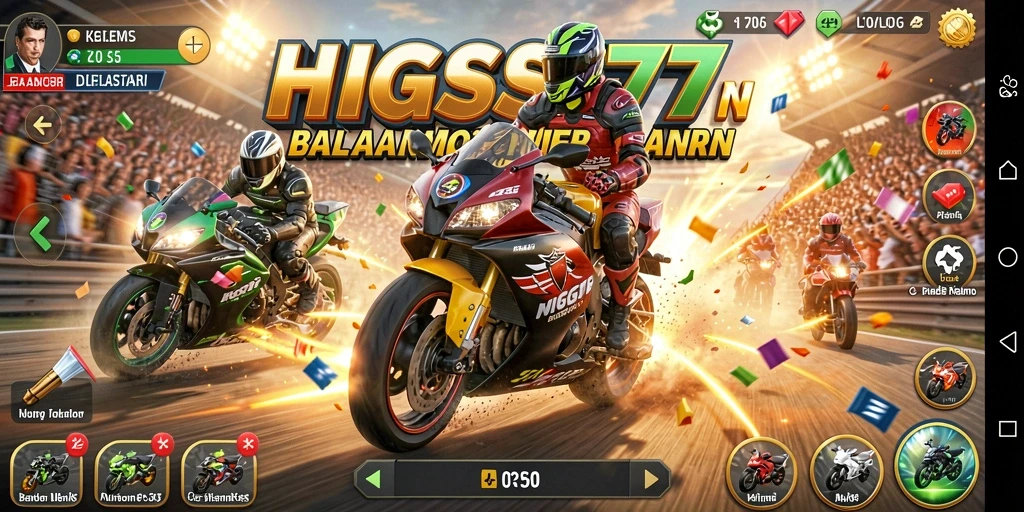 Screenshot gameplay HIGGS777 menampilkan balapan motor yang intens.