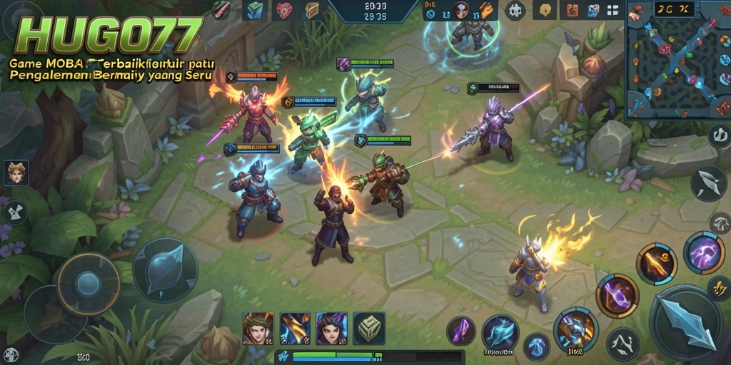 Screenshot HUGO77 menampilkan aksi seru dalam pertempuran tim MOBA.