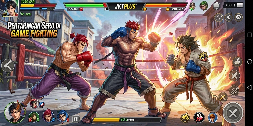Gameplay seru JKTPLUS menampilkan pertarungan epik antara karakter-karakter unik.