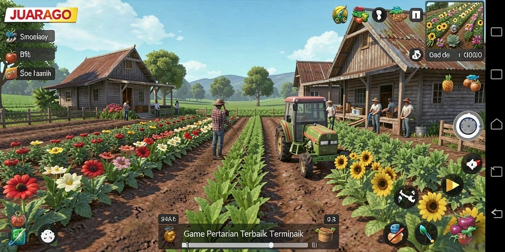 Screenshot JUARAGO menampilkan aktivitas bercocok tanam yang asyik.