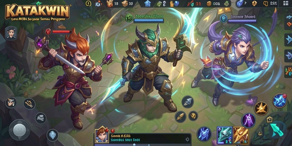 Screenshot gameplay <strong>KATAKWIN</strong> menampilkan aksi seru di arena MOBA.