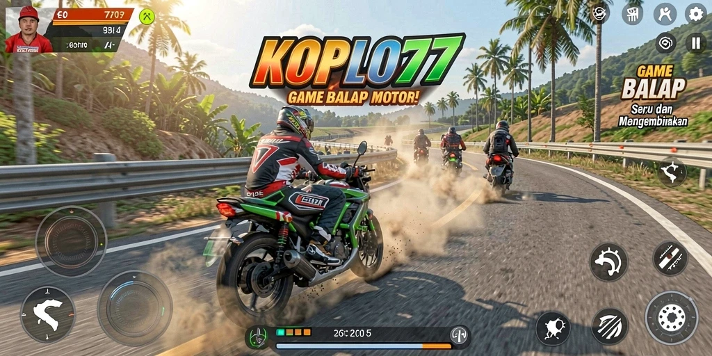 Screenshot gameplay KOPLO77 menampilkan aksi balap motor yang menegangkan.