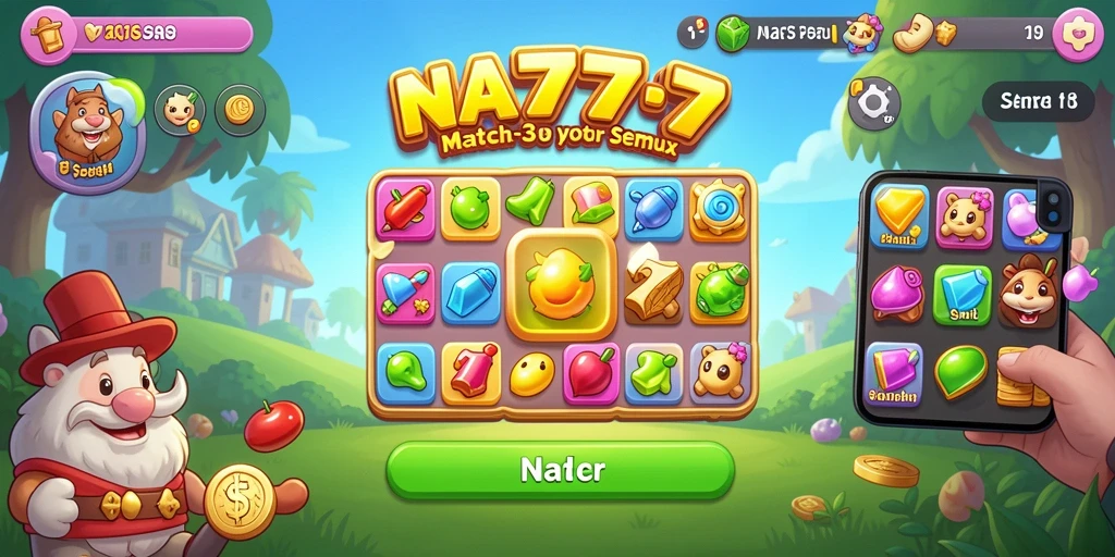 Screenshot NA777 menampilkan gameplay Match-3 yang seru dan penuh warna.