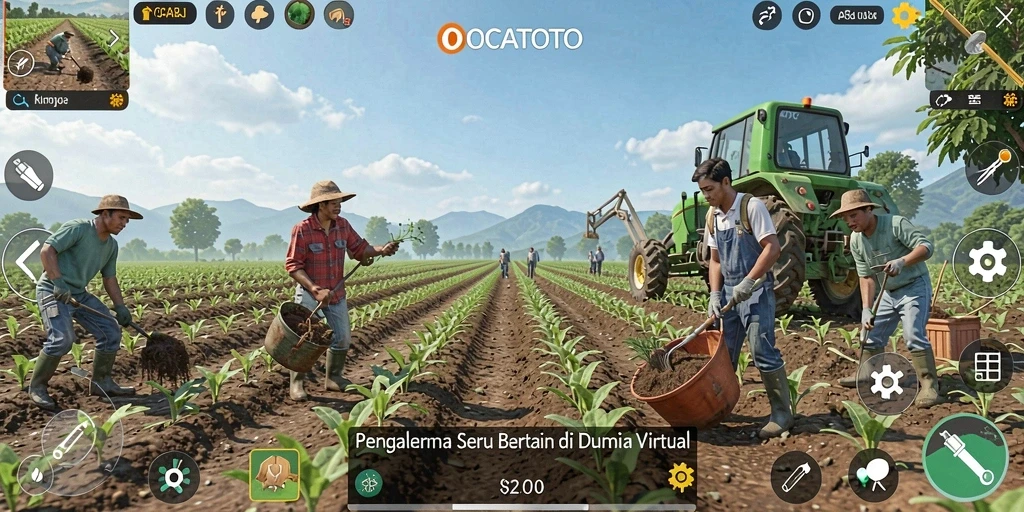Tangkapan layar menunjukkan kebun yang rimbun dan hewan ternak yang bahagia di OCATOTO.