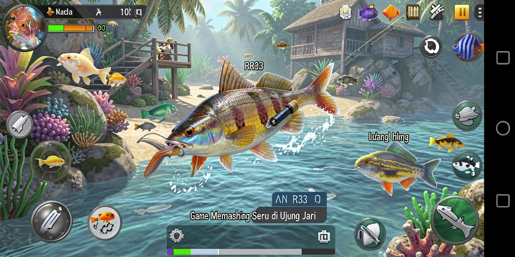 Tampilan gameplay RR33 yang seru dengan aksi memancing yang mendebarkan.