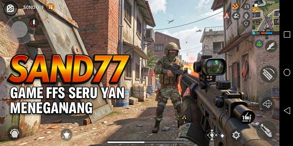Screenshot gameplay SAND77 menampilkan pertempuran intens di lingkungan yang memukau.