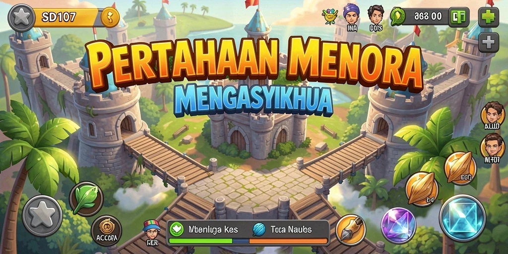 Screenshot gameplay SD107 menampilkan menara dan musuh yang menantang.