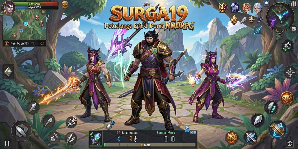 Screenshot utama SURGA19 menampilkan aksi pertarungan yang intens dalam MMORPG.