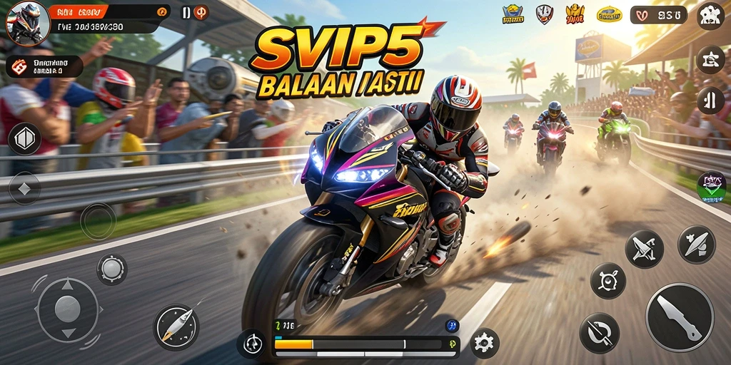 Screenshot gameplay SVIP5 yang menampilkan aksi balapan motor yang mendebarkan.